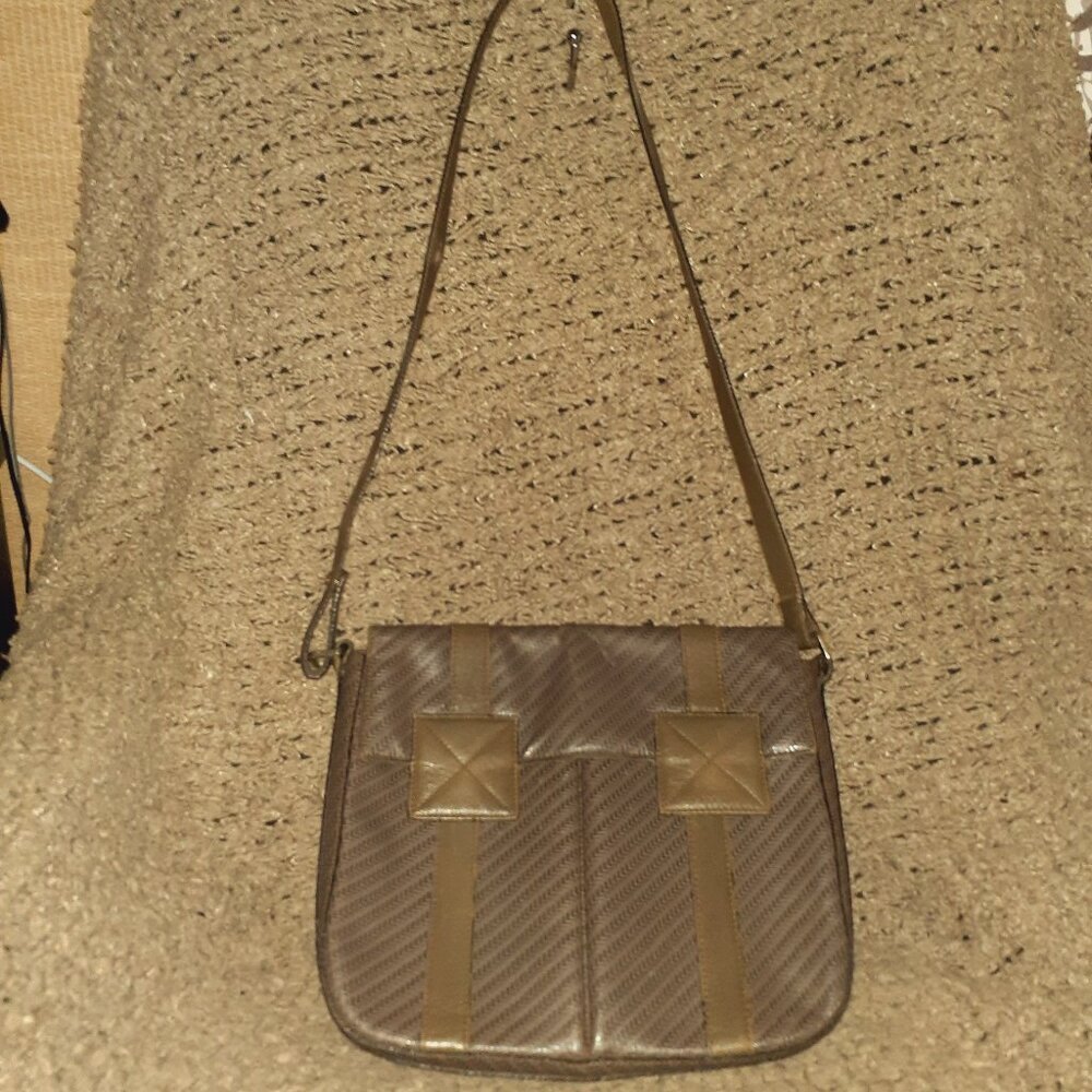 Vintage LANCEL PARIS 1876-Messenger Bag-Chevron-Grey/Green Leather/Shoulder-EX